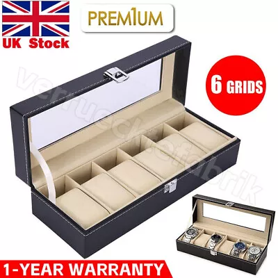 Mens 6 Grids PU LeatherWatch Display CaseCollection Storage Holder Box • £8.48