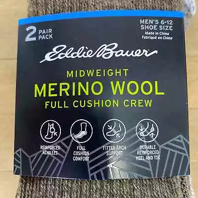 NWT - Eddie Bauer Midweight Merino Wool Full Cushion Crew Socks 2 Pk Sz 6-12 • $20