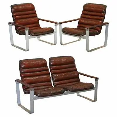 Rare 1960's Pulkka Ilmari Lappalainen Chrome & Brown Leather Armchair Sofa Suite • $4980.40