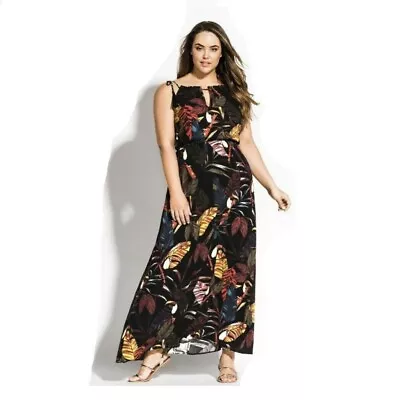 CITY CHIC Womens Black Multicoloured Toucan Dress Tassels Casual Maxi Size M 18 • $34.95