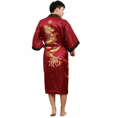 Oriental Men Double Bathrobe Kimono Embroidery Dragon Dressing Gown Ms.Bath Robe • £22.79