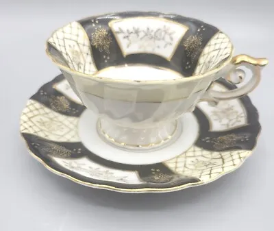 Ucagco China Hand Painted Japan Teacup Saucer - Black And Gold • $24.99