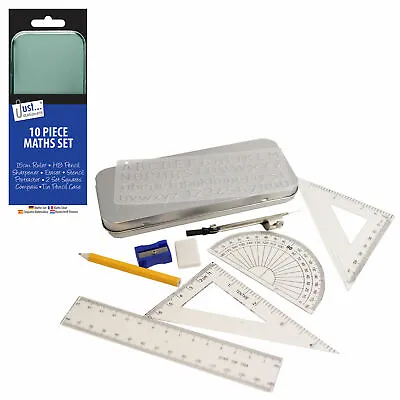 £3.69 • Buy 10 Pcs Maths Geometry Compass Set School Ruler Protector Square Tin Case Stencil