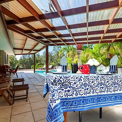 Floral Block Print Cotton Tablecloth Rectangle Round Blue White Square Linen • $49.86