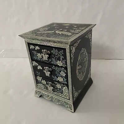 Black Lacquered Jewelry Box Mother Of Pearl Inlay 3 Drawer Flowers Butterflies • $94.97