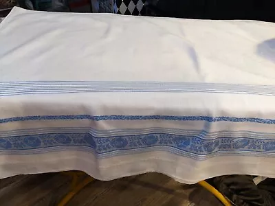 Vintage Tablecloth Cotton Damask Blue Border Perfect Condition • $16.50