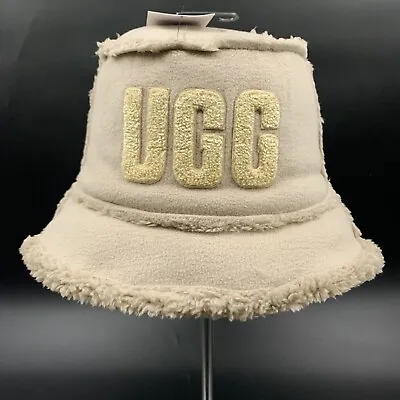 Ugg Bonded Fleece Bucket Hat Putty Varsity Letter Logo One Size Faux Fur Stretch • $54