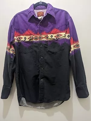 Vtg Rustler Wrangler Mens Shirt M Cowboy Western Rodeo Pearl Snap Aztec Print • $26.99