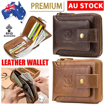 Genuine Leather Mens Wallet Rfid Blocking Wallet Multiple Card Slots ID Window • $27.95