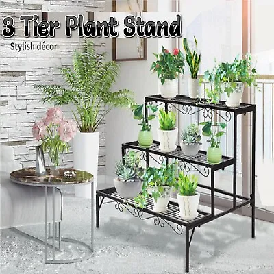 Steel Plant Stand 3 Tier Rectangle Metal Flower Pot Planter Corner Shelf Black • $65.99