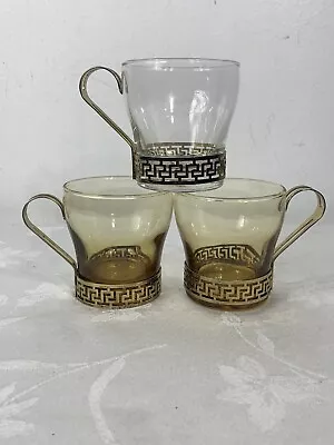 Vintage Libbey Glass Coffee Cups With Greek Key Metal Handles Set Of 3 MCM • $12