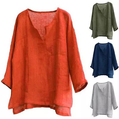 $12.99 • Buy Men's Boho Cotton Linen V Neck T Shirt Long Sleeve Blouse Casual Loose Tee Tops