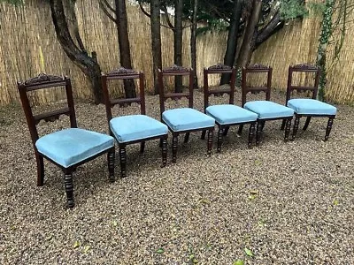 Set Of Six Antique Mahogany Carved Dining Chairs With Blue Upholstery  • £140