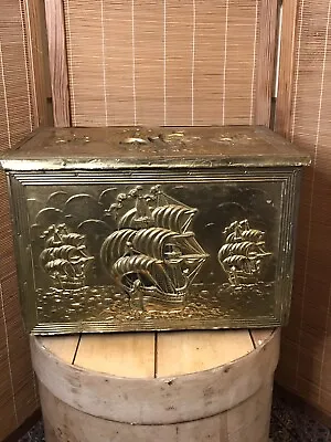 BRASS COVERED LOG COAL BOX EMBOSSED WITH SAILING SHIPS APPROX 15” L X 10”Wx 11 H • £70