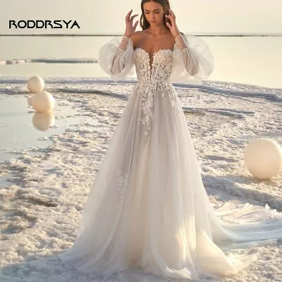 Beach Wedding Dress For Women Off Shoulder Tulle Lace Puff Sleeve Sweep Train • $379.99