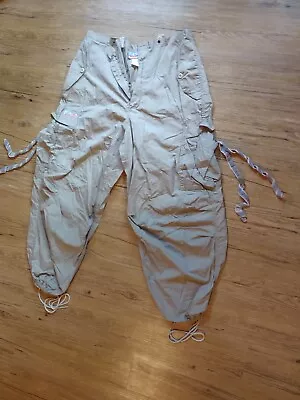 Tan UFO 90’s Raver Hip-Hop Wide Leg Cargo Parachute Pants W/ Reflective Straps • $68