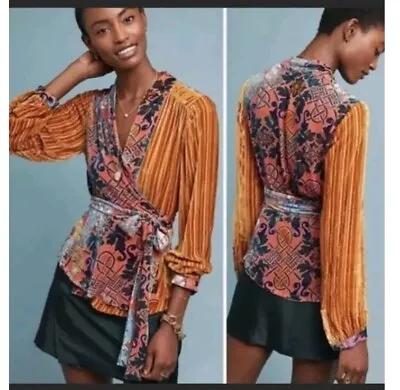 Moulinette Soeurs Velvet Wrap Top XS Anthropologie Long Sleeve Burnout Patchwork • $12