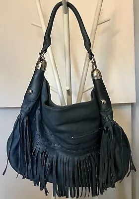 B. Makowsky Blue Fringed Leather Hobo Bag Handbag Purse Western Boho Silver • $57.50