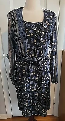 Vtg Rabbitt Rabbitt Rabbit Design 2-pc Dress & Jacket Navy Blue Floral Sz 8 USA • $23.99