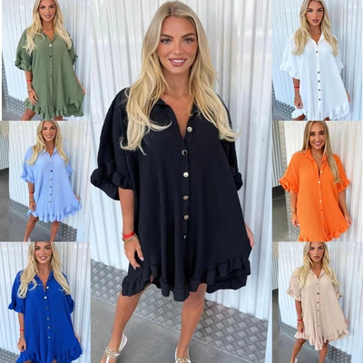 £16.99 • Buy Ladies Womens Tiktok Viral Pleated Frill Summer Shirt Swing Smock Mini Dress Top