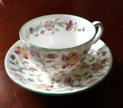 Minton Haddon Hall Teacups/saucers/sandwich Plates Floral On White. Green Edge. • £9.50