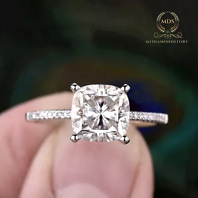 Moissanite Hidden Halo Engagement Ring Solid 14K White Gold Cushion Cut 2.50 CT • $231.42