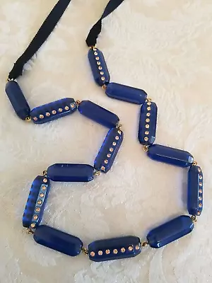 J CREW Necklace Clear Cobalt Blue Pave Lucite W/Rhinestone Bead ~ Ribbon Tie • $20
