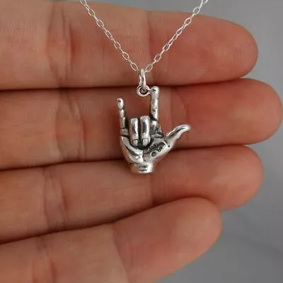 I Love You Sign Language 3D Charm Necklace 925 Sterling Silver Gift ASL Hand NEW • $33