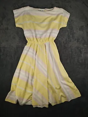 VTG SALLY LOU Dress Sz 14 Striped Pearl Short Sleeve Ivory Green Yellow Midi • $21.40