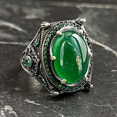 Men Oval Green Jade Gemstone Silver Ring Men Green Agate Stone Ring Natural • £60.80