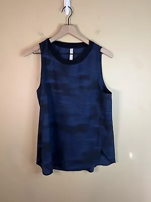 C59-Athleta Zephyr Tank Top Black Blue Blurred Camo Relaxed Fit Travel Size M • $20