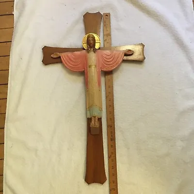 $275 • Buy Antique Church Altar Or Wall Hardwood Crucifix Cross & Chalkware Christ Figure