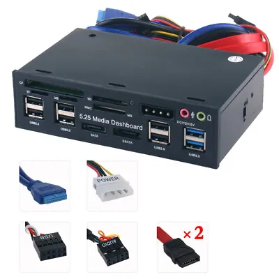 5.25'' PC Front Panel Dashboard Media USB 3.0 Hub Audio ESATA SATA Card Reader • £29.99