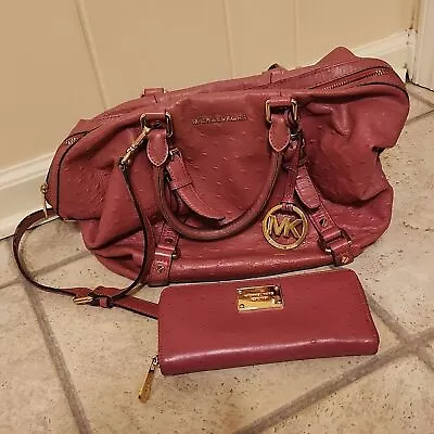 Michael Kors Pink  Bedford  Faux Ostrich Handbag & Matching Wallet • $140