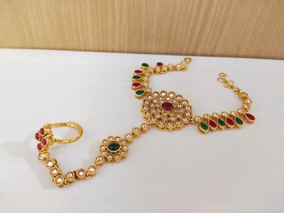 £17.22 • Buy Indian Temple Jewelry Hath Punja Bollywood Ethnic Gold Plated Bracelet With Ring
