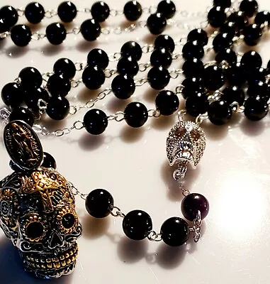 Day Of The Dead Sugar Skull Black Obsidian Sterling Silver Men's Rosary Necklace • $210