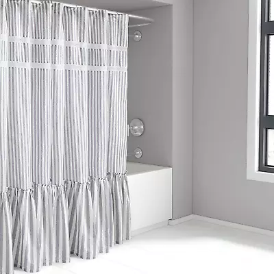 $36.54 • Buy Fabric Shower Curtain Gray White Striped Curtains For Bathroom With Lace Ruffle 