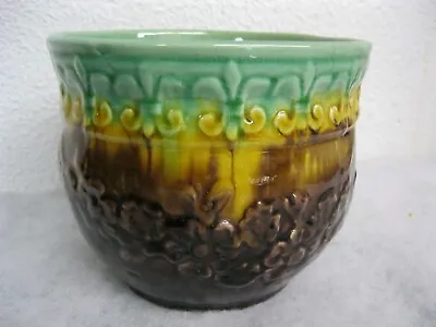 Ceramic Majolica Glazed Flower Pot Or Vase Brown Gold Green Drip Flower Fleur De • $20.25