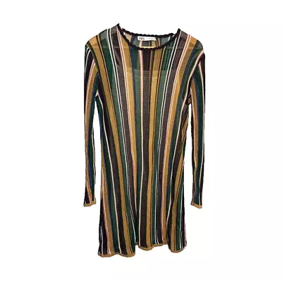 Zara Dress Women Medium Mini Stretch Knit Sheer Lined Multi Striped GoGo 70's • $22.92