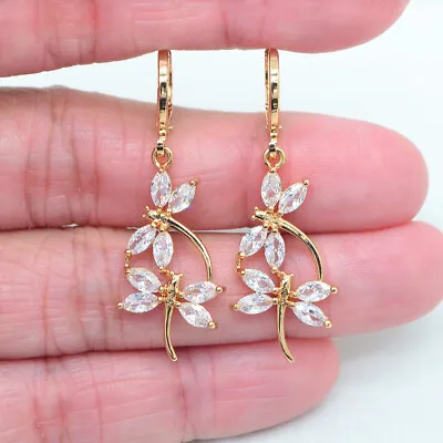 18K Yellow Gold Filled Women Clear Mystic Topaz Dragonfly Dangle Earrings • $2.99
