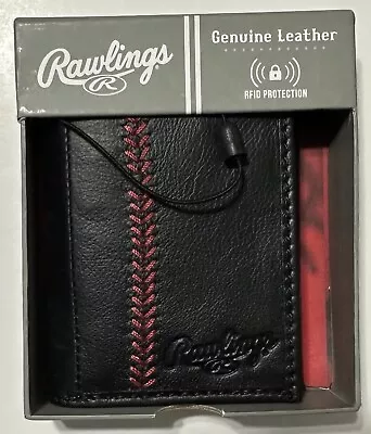 Rawlings Leather Tri Fold Wallet Black Red Stitching New With Tags • $34.99