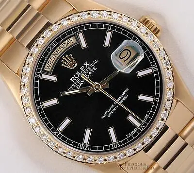 Rolex Day-Date 18038 Presidential 18k Gold Diamond Bezel 36mm-Black Stick Dial • $18870.50