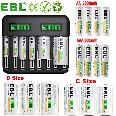 Lot EBL AA AAA C D Cell Rechargeable Batteries NI-MH 1.2V Battery / LCD Charger • $55.99