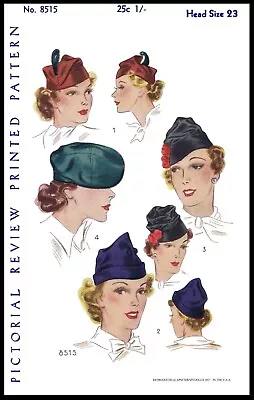 Pictorial Review # 8515 Hat Beret Cap Fabric Sewing PATTERN Vintage 1930's ~23 ~ • $5.99