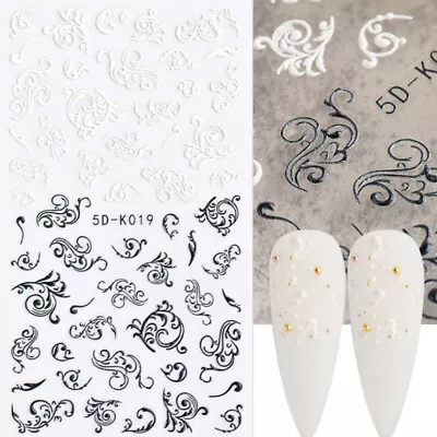 Wedding 5D Nail Stickers Embossed Black & White Cane Vine Decals Art Decoration • $2.75