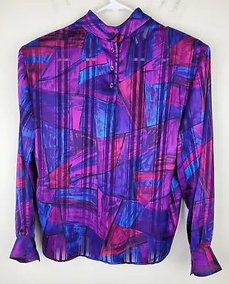 Vintage Button Shirt Top Women 12 Colorful Popover Sheer Abstract Blouse Boho • $13.99