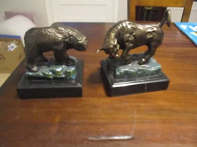 Bull & Bear Solid Bronze Or Brass Marble Base Book Ends Stock Market  Original • $485