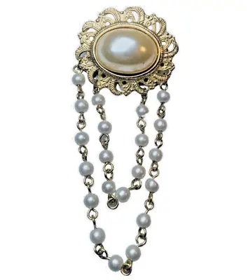 White Pearl Dangle Chain Brooch 2  Gold Tone Victorian Cottagecore Trendy • $32