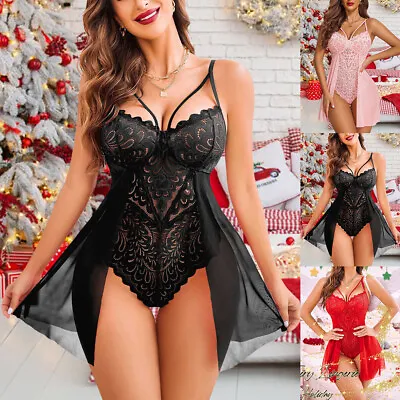 Womens Sexy Lace Mesh Lingerie Babydoll Bodysuit Nightwear Underwear Nightdress • £8.39