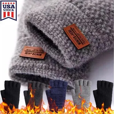 Men's Winter Wool Fingerless Gloves Thermal Knitted Half Finger Mitten Gift US • $7.99